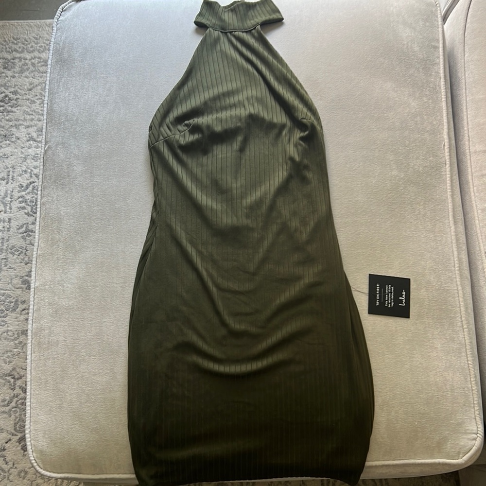 Lulus Olive green ribbed bodycon dress, halter top front and low open back